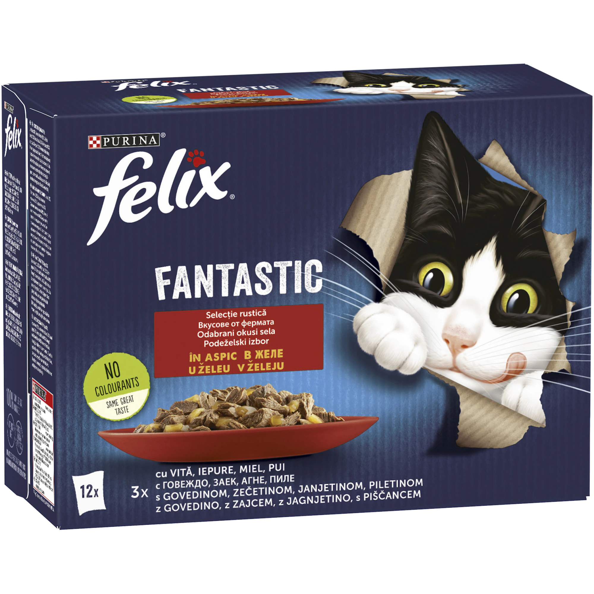 Pisici - Hrana Umeda Pisici FELIX Fantastic Adult Pui, Vita, Iepure, Miel in Aspic 12x85g