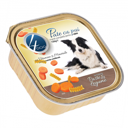 Câini - Hrană Umedă Câine Adult, 4DOG Pate, Pui cu Topping de Paste și Legume, 150g