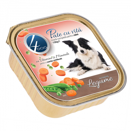 Câini - Hrană Umedă Câine Adult, 4DOG Pate, Vită cu Topping de Legume, 150g