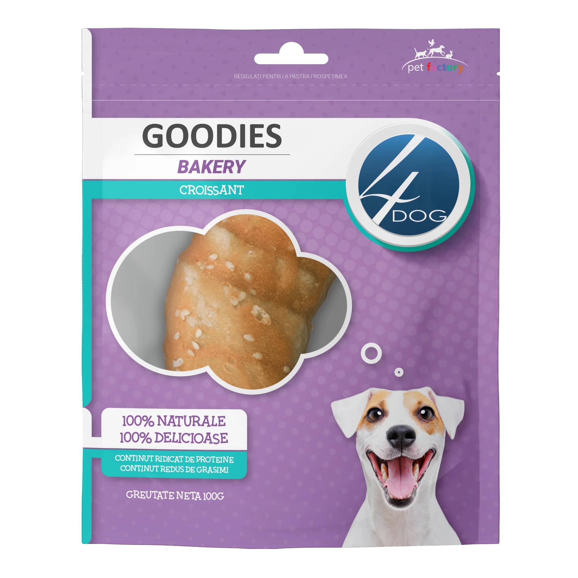 Câini - Recompense pentru Câine Adult, 4DOG GOODIES Bakery, Croissant, Piele Presată și Pui, 100g