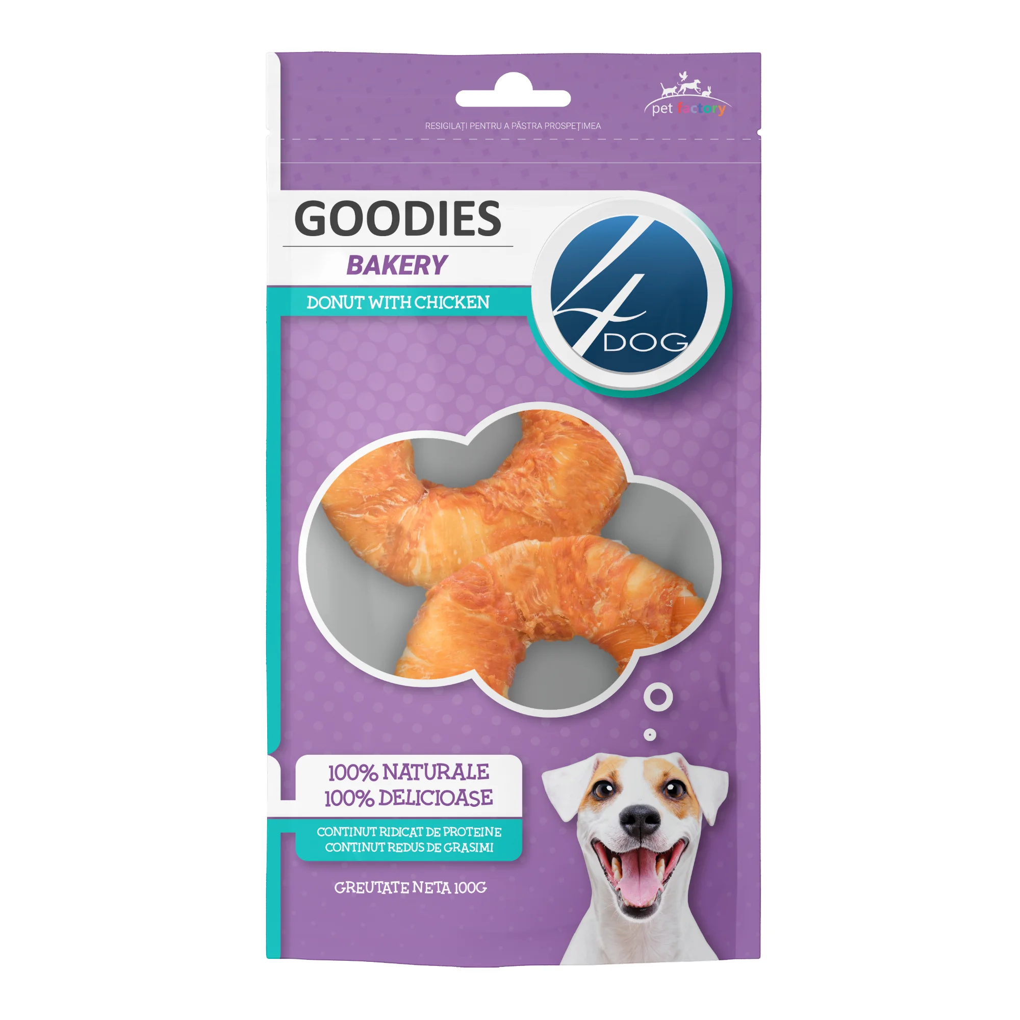 Câini - Recompense pentru Câine Adult, 4DOG GOODIES Bakery, Gogoașă, Piele Presată și Pui, 100g