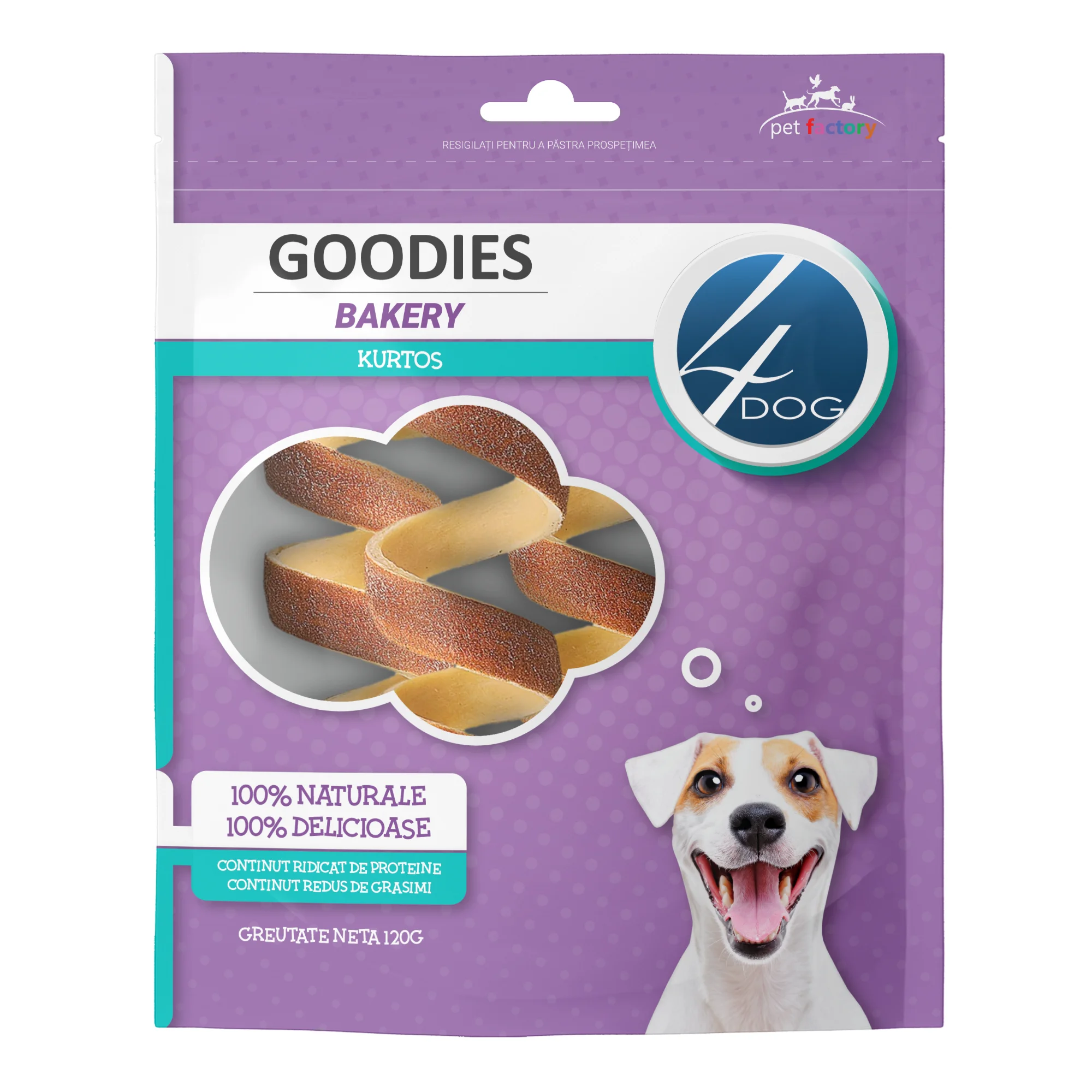 Câini - Recompense pentru Câine Adult, 4DOG GOODIES Bakery, Kurtos, Piele Presată și Pui, 120g