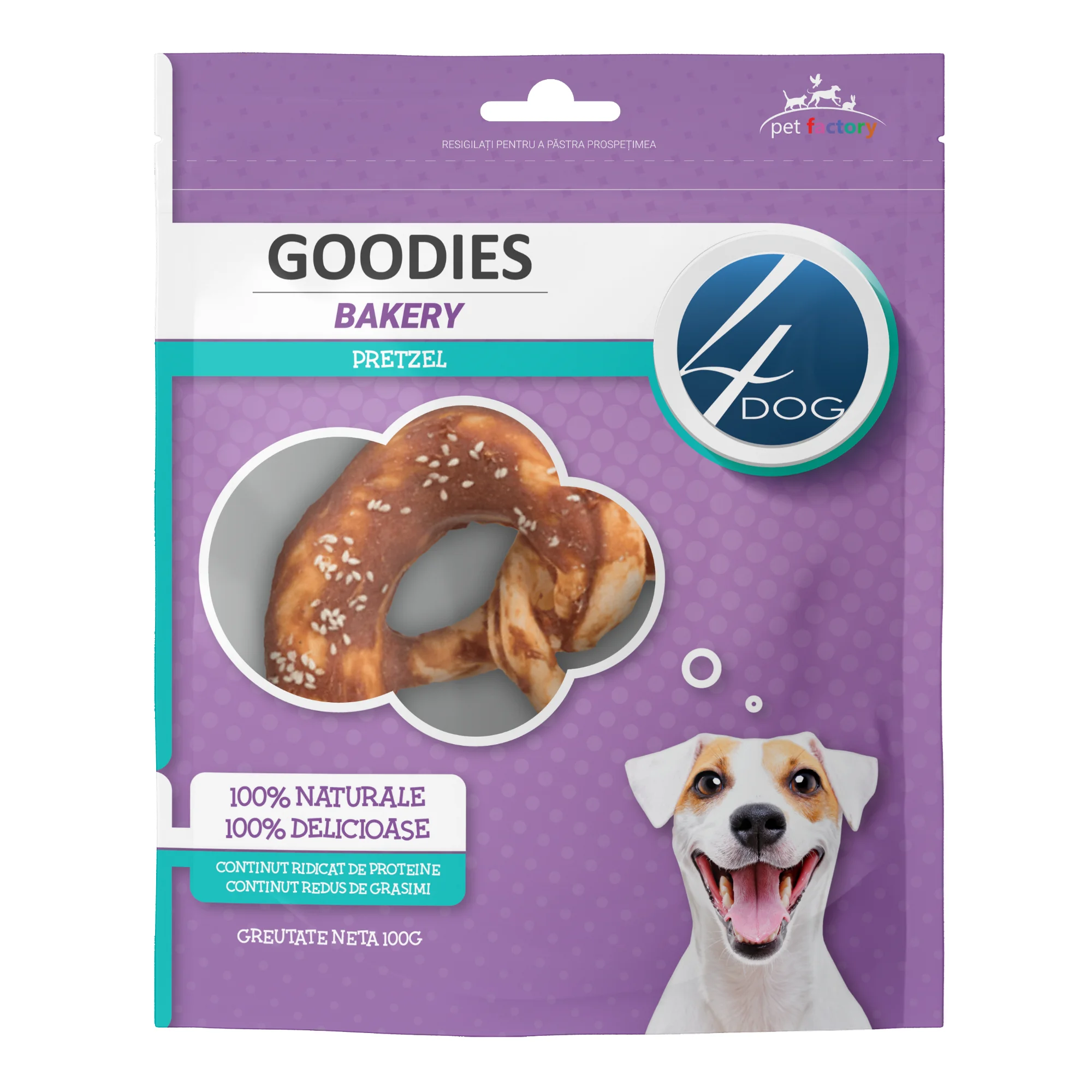 Câini - Recompense pentru Câine Adult, 4DOG GOODIES Bakery, Covrig, Piele Presată și Pui, 100g