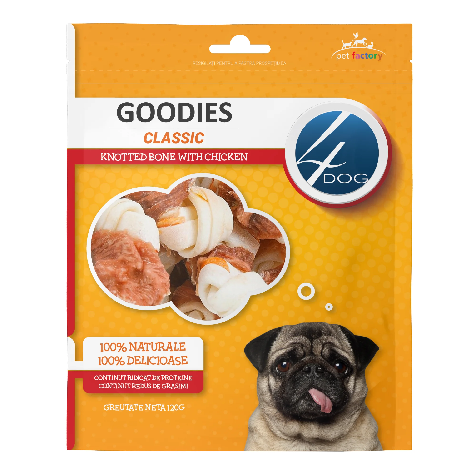 Câini - Recompense pentru Câine Adult, 4DOG GOODIES Classic, Os Înnodat, Piele Presată și Pui, 120g