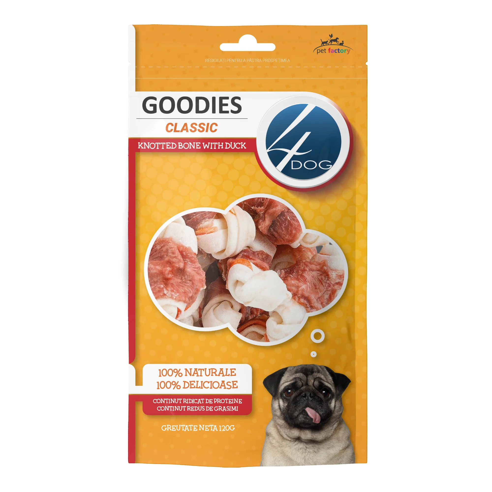 Câini - Recompense pentru Câine Adult, 4DOG GOODIES Classic, Os Înnodat, Piele Presată și Rață, 120g