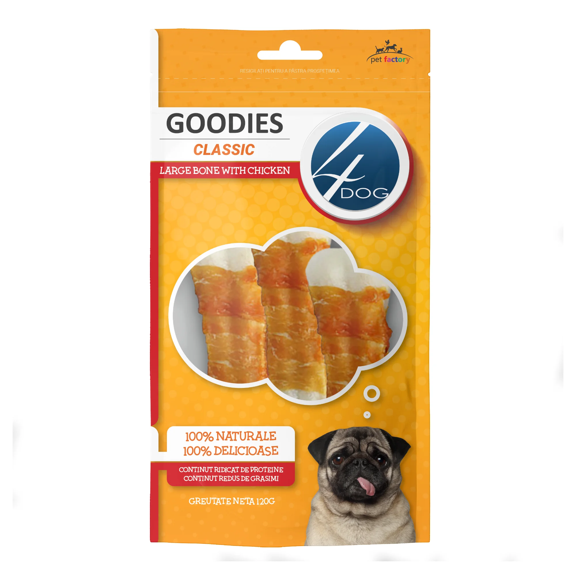 Câini - Recompense pentru Câine Adult, 4DOG GOODIES Classic, Os Mare, Piele Presată și Pui, 120g