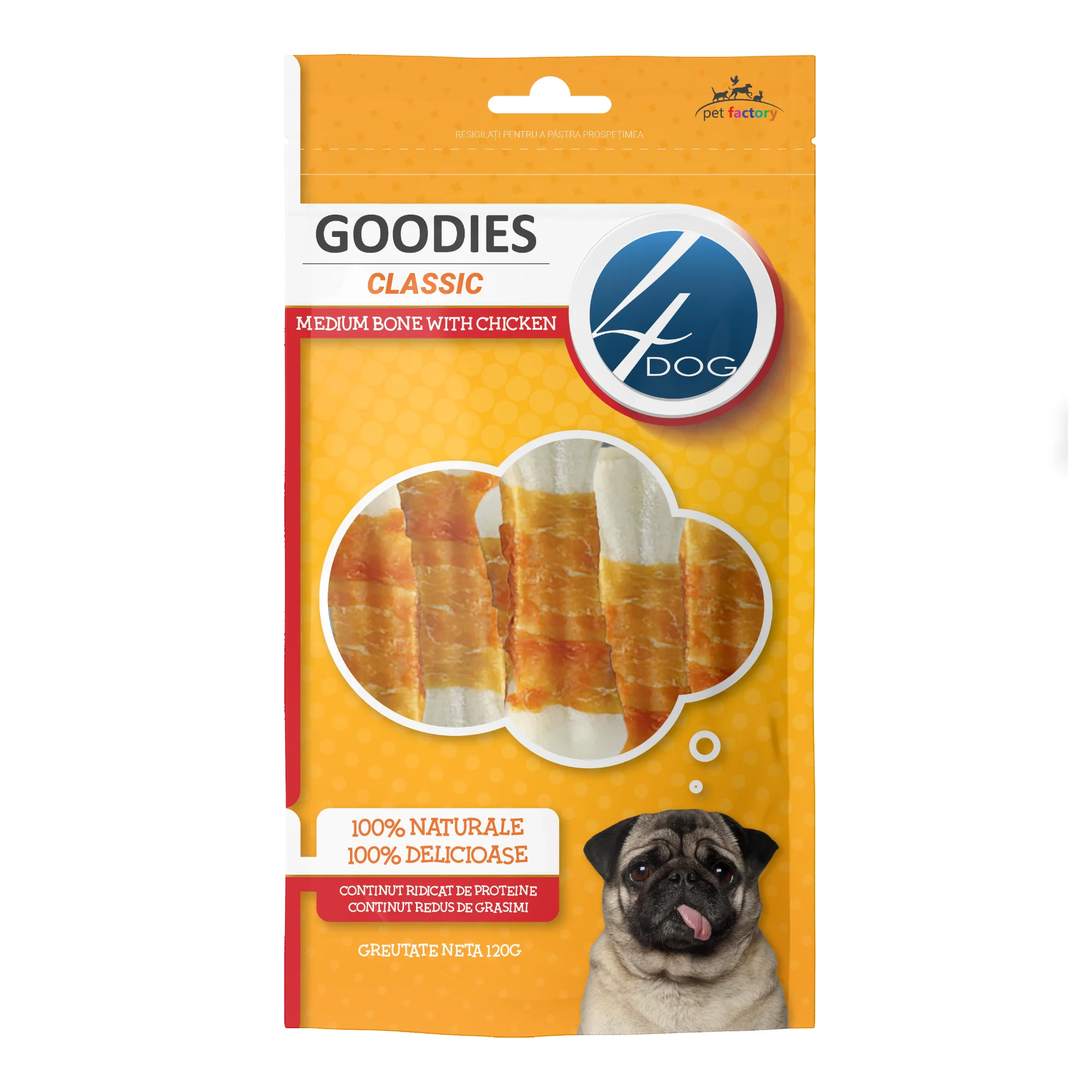 Câini - Recompense pentru Câine Adult, 4DOG GOODIES Classic, Os Mediu, Piele Presată și Pui, 120g