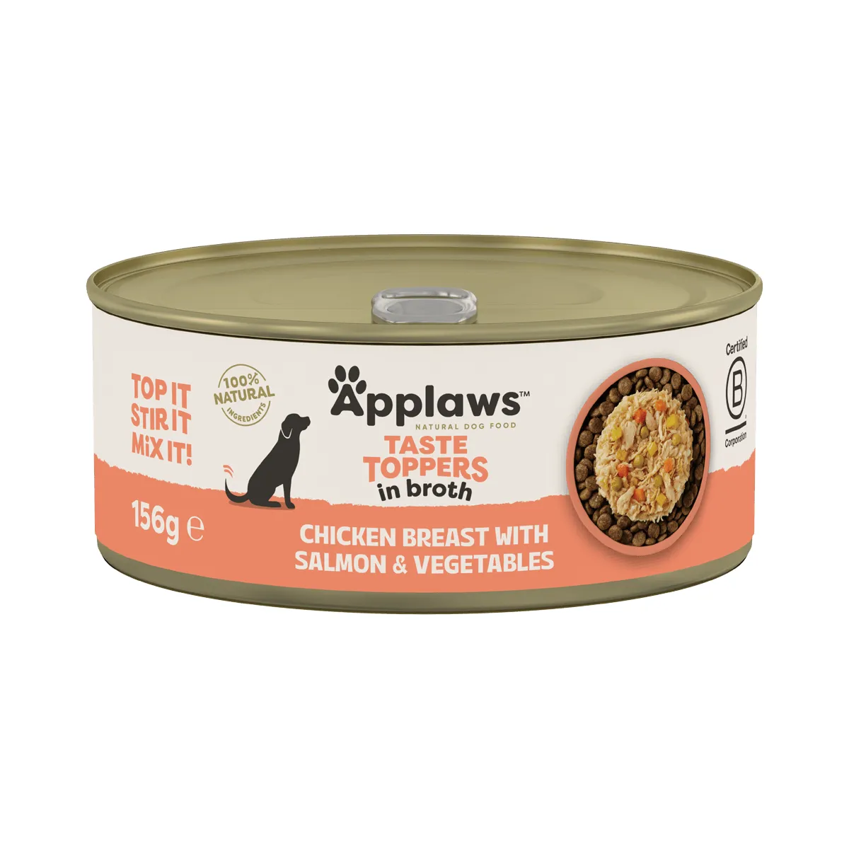 Hrană Umedă Câine Adult, APPLAWS Toppers, Pui, Somon și Vegetale în Supă, 156g