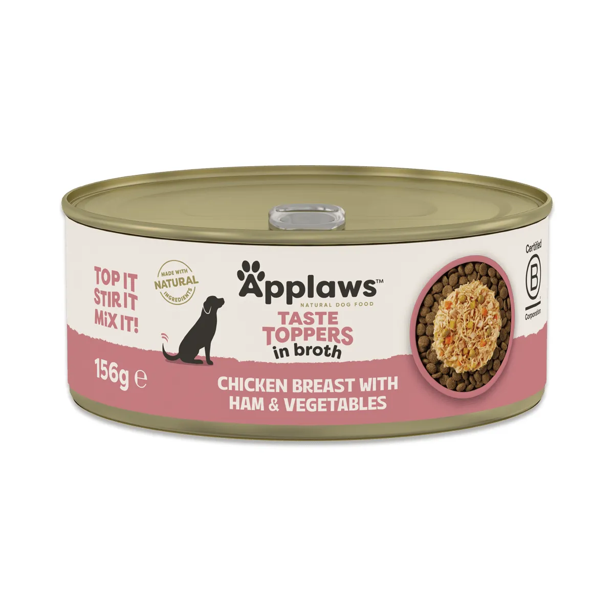 Hrană Umedă Câine Adult, APPLAWS Toppers, Pui, Șuncă și Vegetale în Supă, 156g