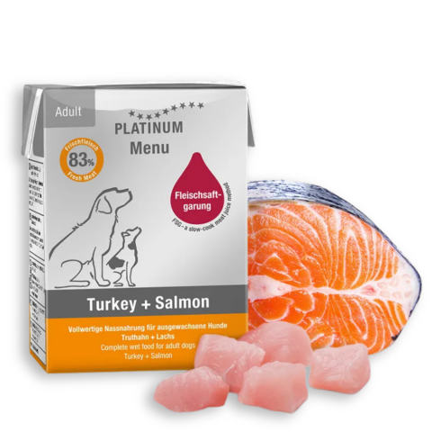 Hrană Umedă Câine Adult, PLATINUM Menu, Somon și Curcan, 185g