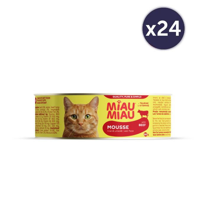 Pisică Adult - Pachet Economic Hrană Umedă Pisică Adult, MIAU MIAU Mousse, Vită, 24x80g