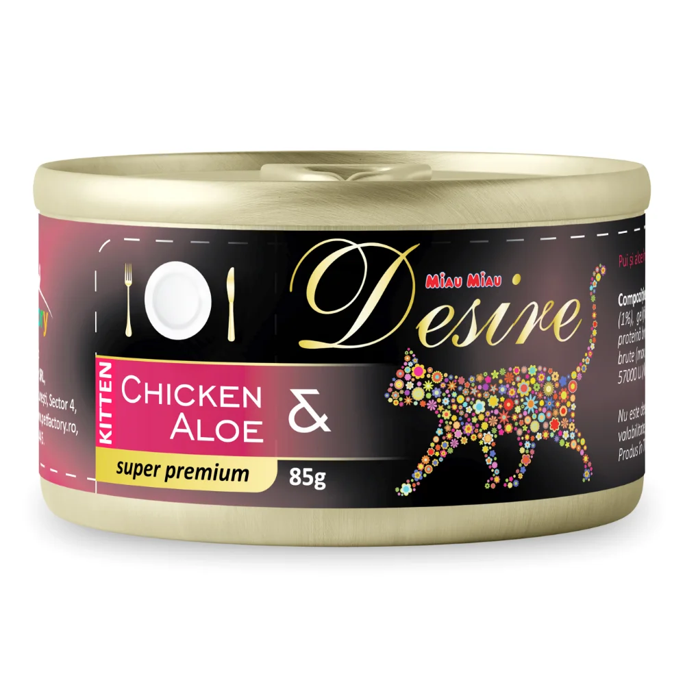 Pisică Junior - DESIRE Conservă, Hrană Umedă Pisică Junior, Pui File și Aloe în Gelatină, 85g