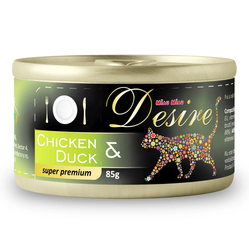 Pisică Adult - DESIRE Conservă, Hrană Umedă Pisică Adult, Pui File și Rață în Gelatină, 85g