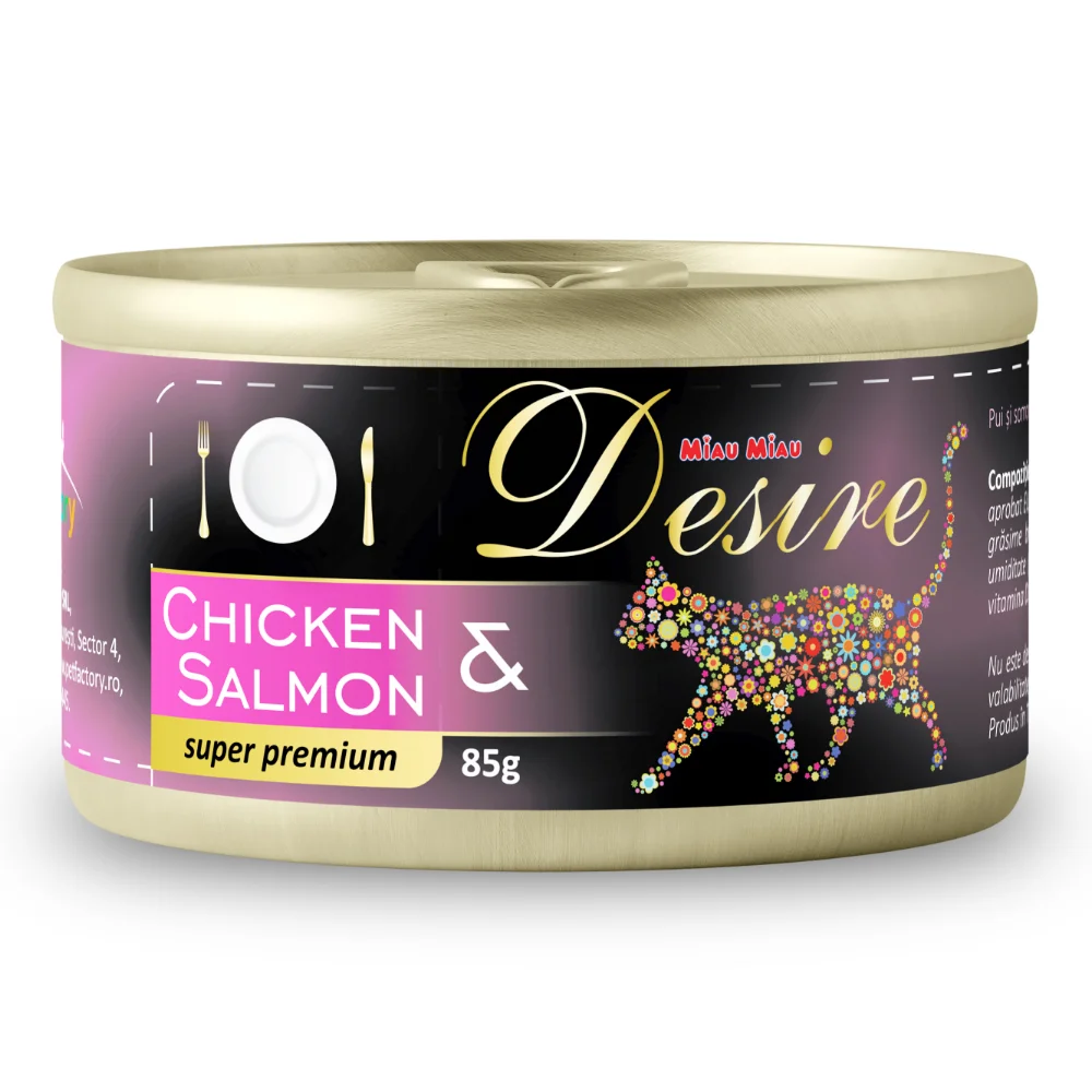 Pisică Adult - DESIRE Conservă, Hrană Umedă Pisică Adult, Pui File și Somon în Gelatină, 85g
