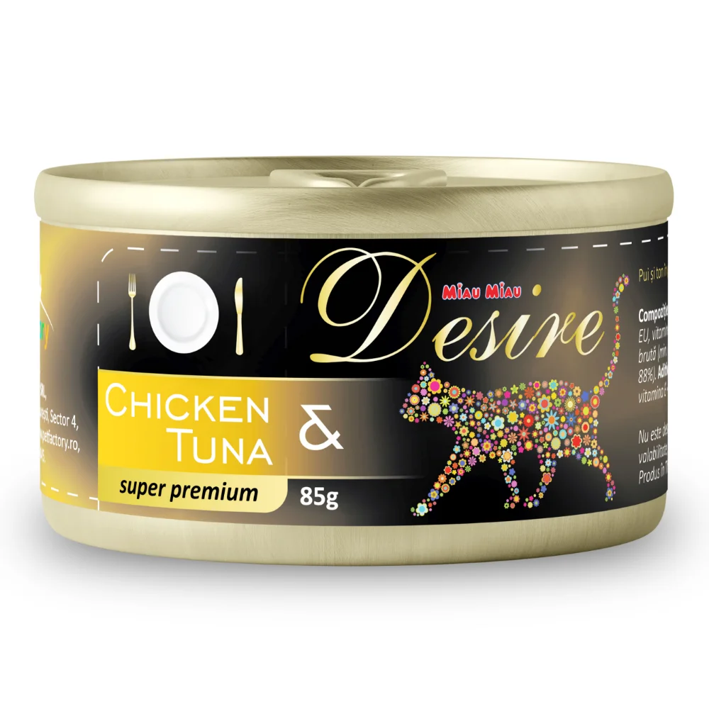 DESIRE Conservă, Hrană Umedă Pisică Adult, Pui File și Ton în Gelatină, 85g