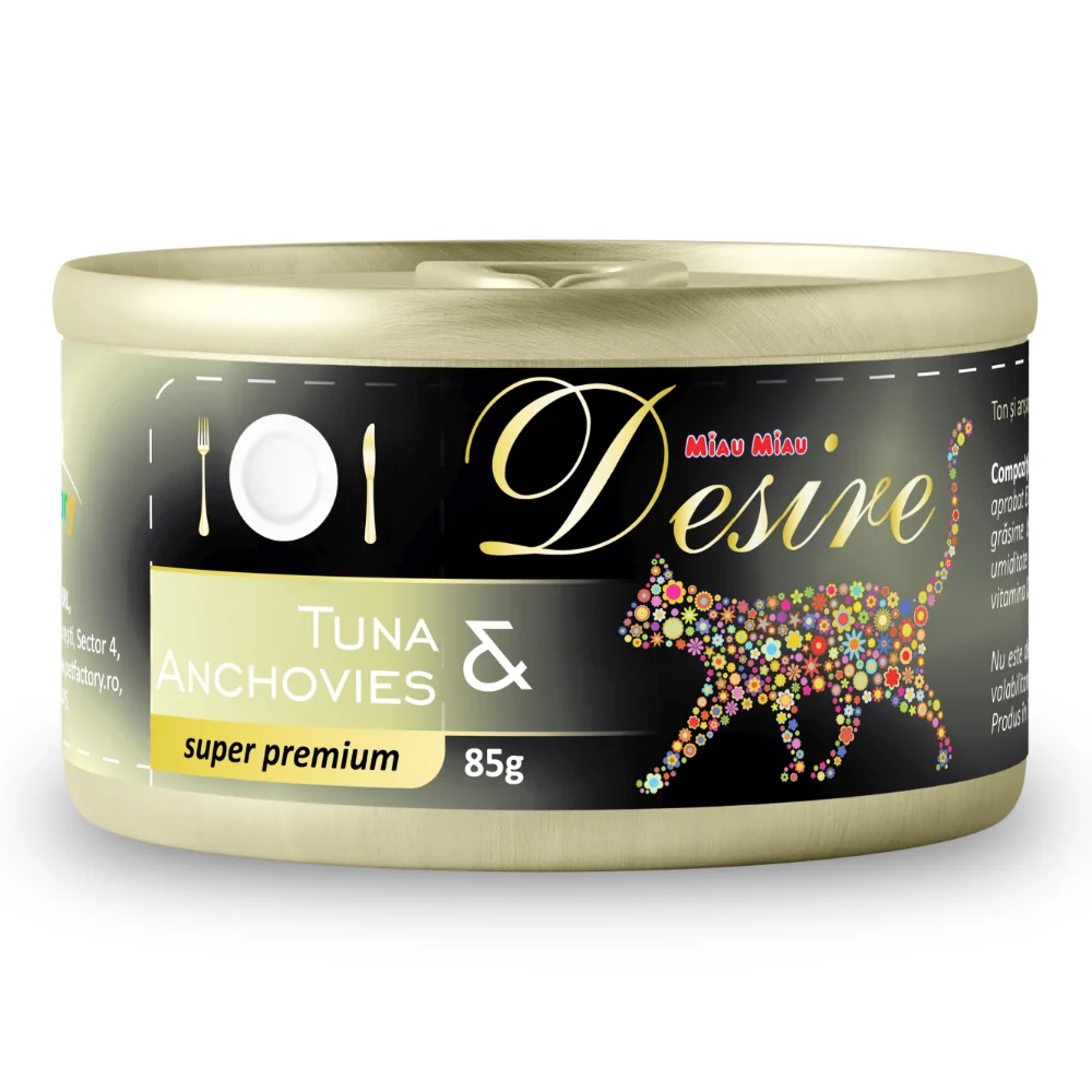 Pisică Adult - DESIRE Conservă, Hrană Umedă Pisică Adult, Ton File și Anșoa în Gelatină, 85g