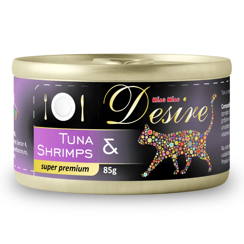 Pisică Adult - DESIRE Conservă, Hrană Umedă Pisică Adult, Ton File și Creveți în Gelatină, 85g