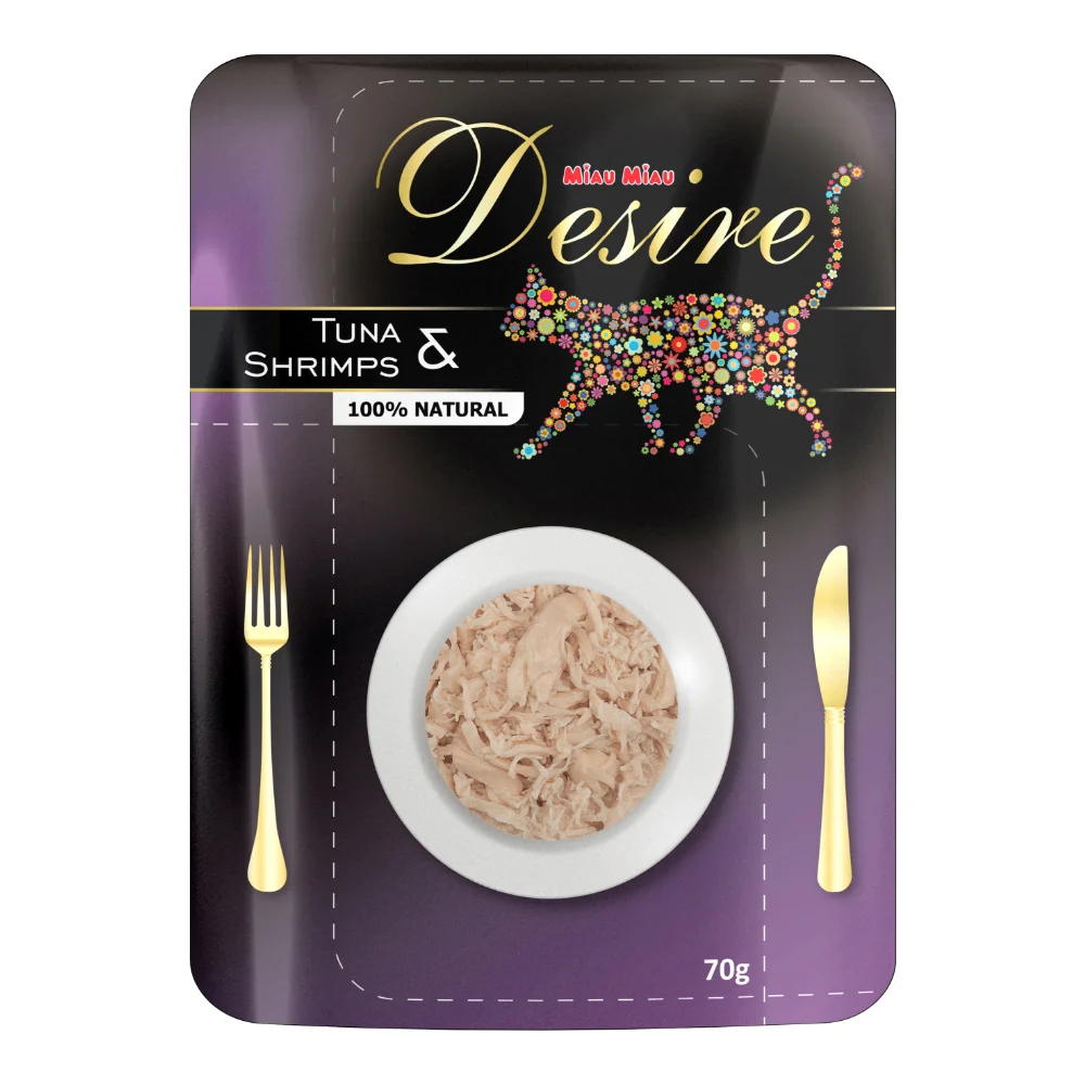 Pisică Adult - DESIRE Plic, Hrană Umedă Pisică Adult, Ton File și Creveți în Supă, 70g
