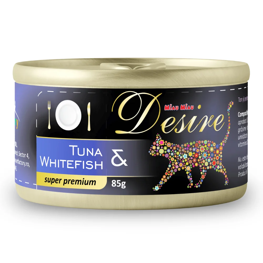 Pisică Adult - DESIRE Conservă, Hrană Umedă Pisică Adult, Ton File și Pește Alb în Gelatină, 85g