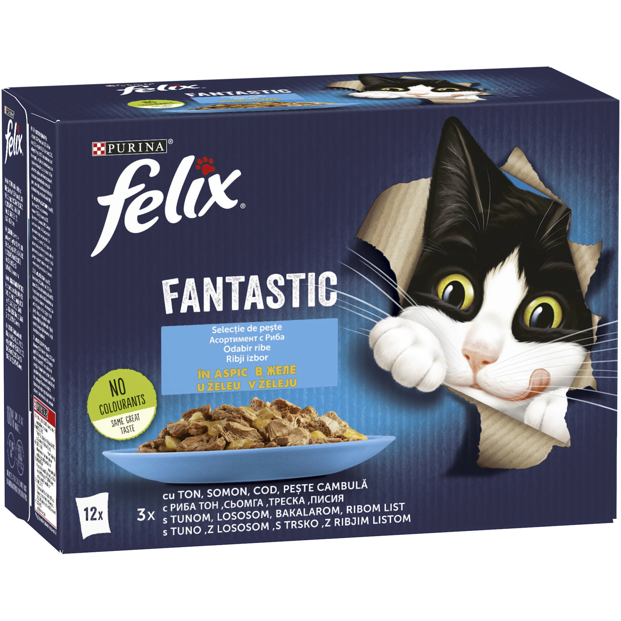 Pisici - Hrana Umeda Pisici FELIX Fantastic Adult Ton, Somon, Cod, Peste Cambula in Aspic 12x85g