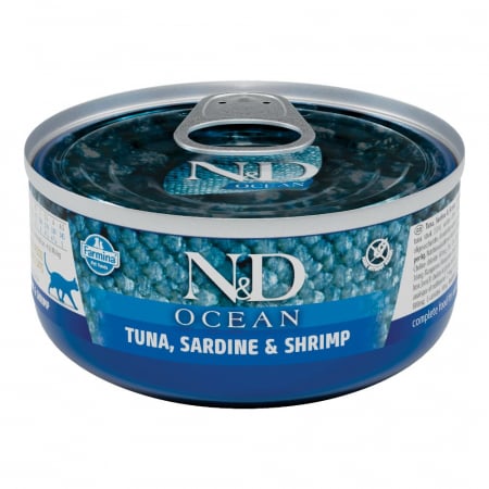 Pisică Adult - N&D Ocean, Hrană Umedă Pisică Adult, Ton, Sardine și Creveți, 70g