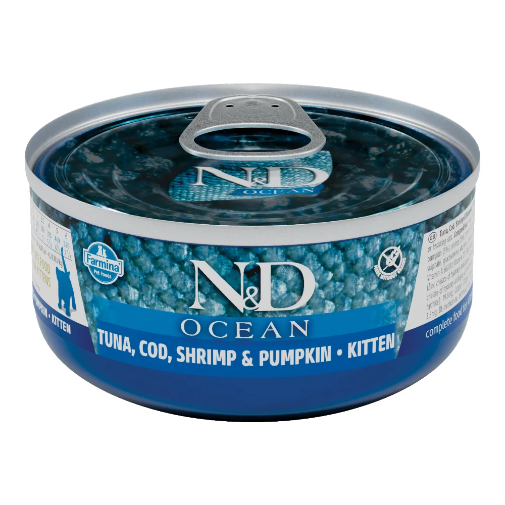 Pisică Junior - N&D Ocean, Hrană Umedă Pisică Junior, Cod, Crevete și Dovleac, 70g