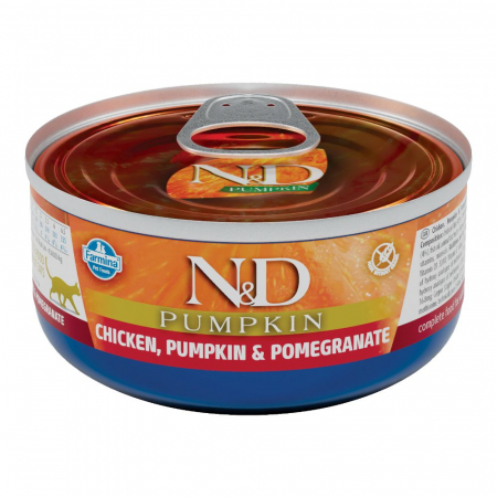 N&D Pumpkin, Hrană Umedă Pisică Adult, Pui, Rodie și Dovleac, 70g