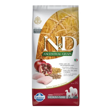Câini - N&D Ancestral Grain, Hrană Uscată Câine Adult, Talie Medie/Mare, Pui și Rodie, 2.5kg