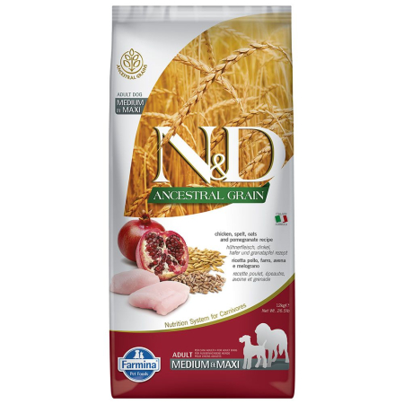 Câini - N&D Ancestral Grain, Hrană Uscată Câine Adult, Talie Medie/Mare, Pui și Rodie, 12kg