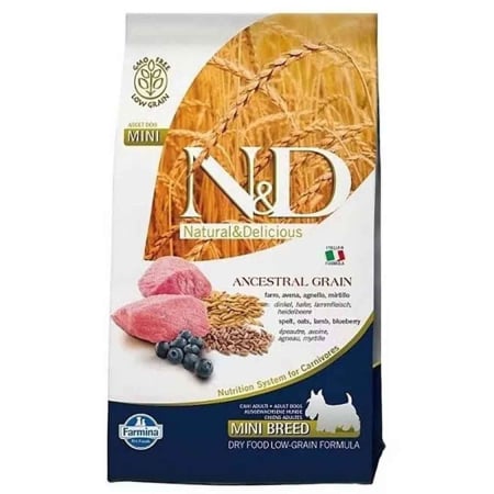 Câini - N&D Ancestral Grain, Hrană Uscată Câine Adult, Talie Mică, Miel și Afine, 800g