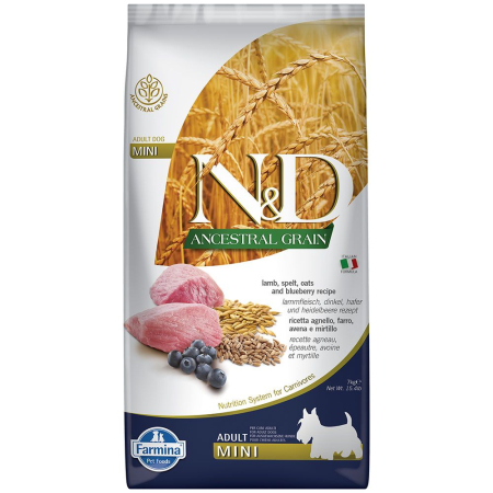 Câini - N&D Ancestral Grain, Hrană Uscată Câine Adult, Talie Mică, Miel și Afine, 7kg