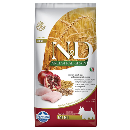 Câini - N&D Ancestral Grain, Hrană Uscată Câine Adult, Talie Mică, Pui și Rodie, 7kg