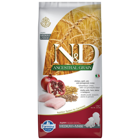 Câini - N&D Ancestral Grain, Hrană Uscată Câine Junior, Talie Medie/Mare, Pui și Rodie, 12kg