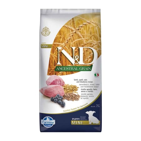 Câini - N&D Ancestral Grain, Hrană Uscată Câine Junior, Talie Mică, Miel și Afine, 800g