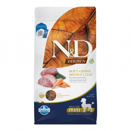 Câini - N&D Brown, Hrană Uscată Câine Adult, Talie Mică, Miel, Morcov și Spirulină, 2kg