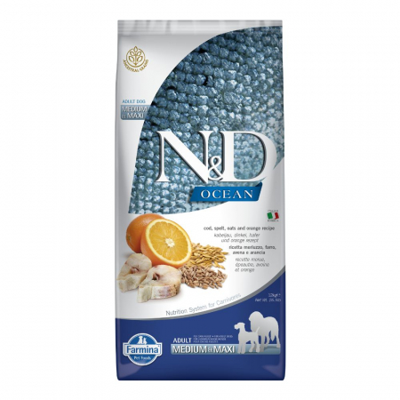 Câini - N&D Ocean, Hrană Uscată Câine Adult, Talie Medie/Mare, Cod, Alac, Ovăz și Portocală, 12kg