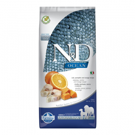 Hrana Uscata Caini N&D Ocean Adult Medium/Maxi Cod, Dovleac si Portocale 12kg