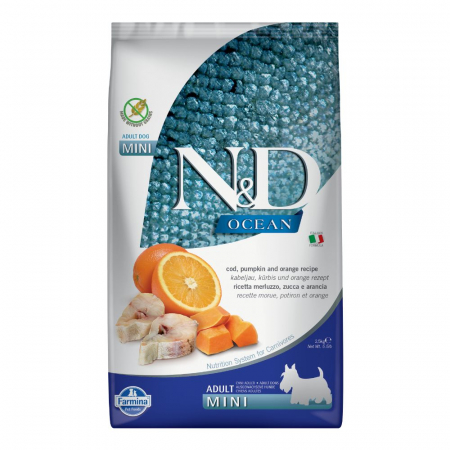 Câini - N&D Ocean, Hrană Uscată Câine Adult, Talie Mică, Cod, Dovleac și Portocală, 2.5kg