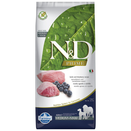 Câini - N&D Prime, Hrană Uscată Câine Adult, Talie Medie/Mare, Miel și Afine, 12kg