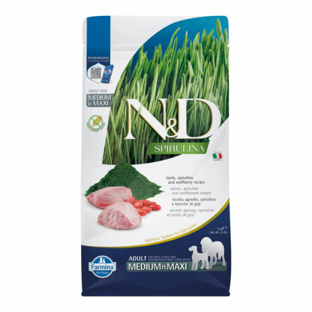 Câini - N&D Spirulină, Hrană Uscată Câine Adult, Talie Medie/Mare, Miel și Goji, 2kg