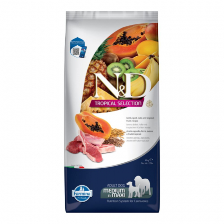 Câini - N&D Tropical Selection, Hrană Uscată Câine Adult, Talie Medie/Mare, Miel și Fructe Tropicale, 10kg