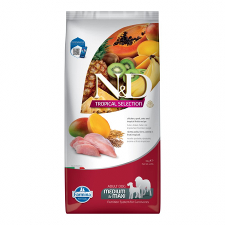 Câini - N&D Tropical Selection, Hrană Uscată Câine Adult, Talie Medie/Mare, Pui și Fructe Tropicale, 10kg