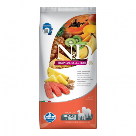 Câini - N&D Tropical Selection, Hrană Uscată Câine Adult, Talie Medie/Mare, Somon și Fructe Tropicale, 10kg