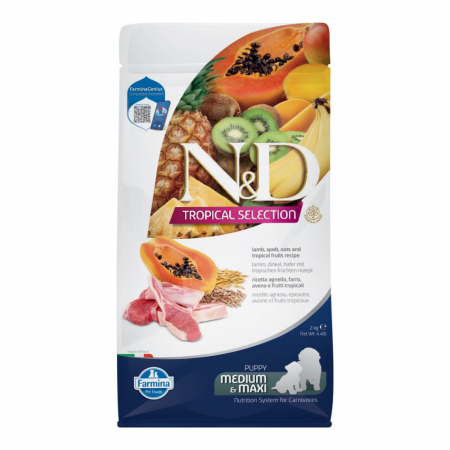 Câine Junior - N&D Tropical Selection, Hrană Uscată Câine Junior, Talie Medie/Mare, Miel și Fructe Tropicale, 2kg