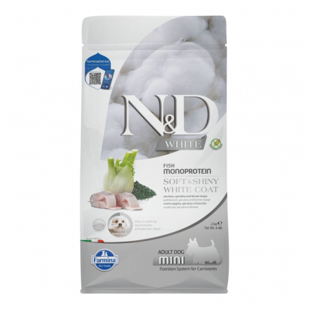 Câini - N&D White, Hrană Uscată Câine Adult, Talie Mică, Biban, Fenicul și Spirulină, 2kg