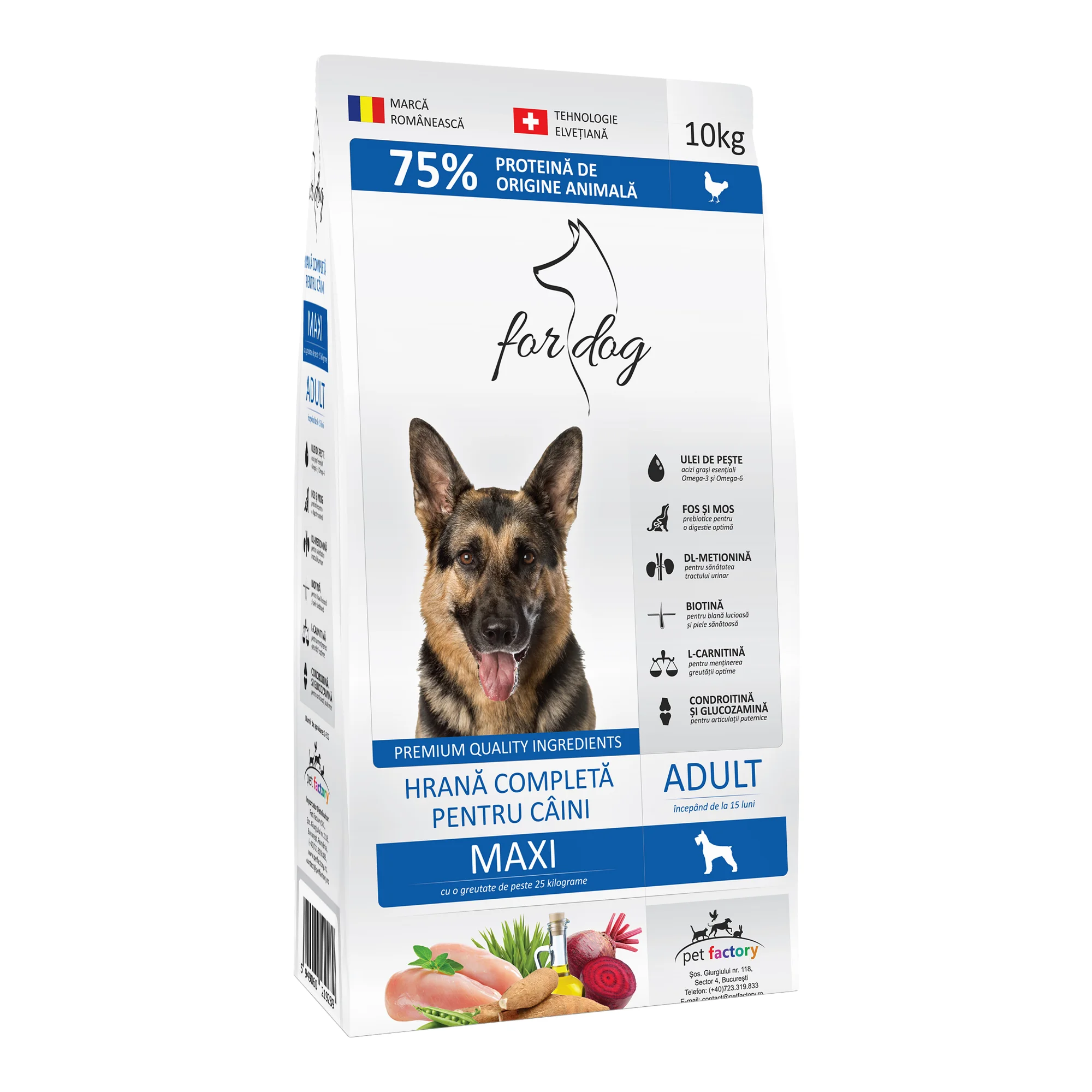 Câine Adult - FOR DOG Hrană Uscată Câine Adult, Talie Mare, Pasăre, 10kg