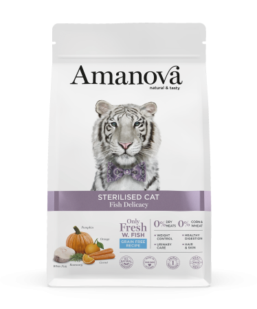 Hrană Uscată Pisică - Hrană Uscată Pisică Adult, AMANOVA, Sterilizat, Hipoalergenic, Pește Alb, 4kg