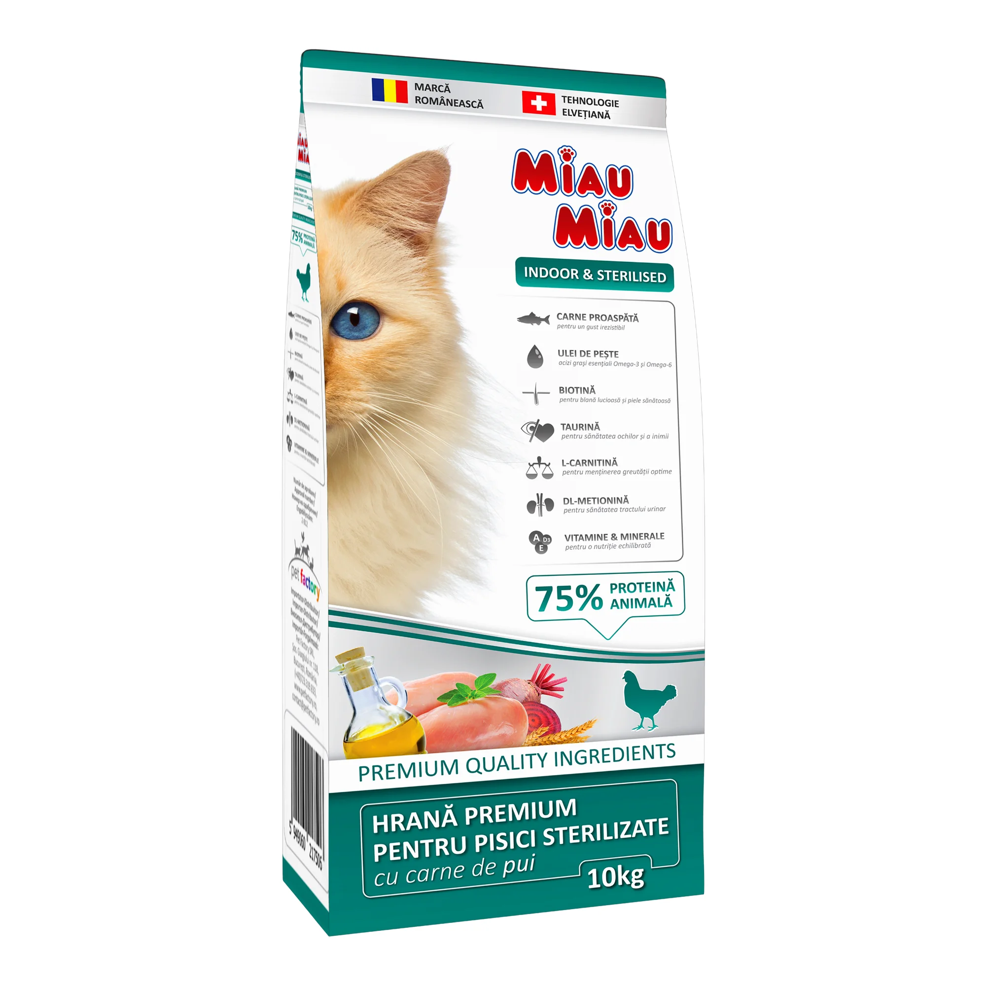 Pisică Adult - MIAU MIAU Indoor, Hrană Uscată Pisică Adult, Sterilizată, Pasăre, 10kg