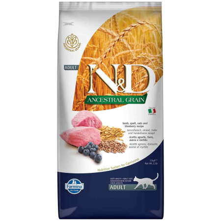 Pisică Adult - N&D Ancestral Grain, Hrană Uscată Pisică Adult, Miel și Afine, 10kg