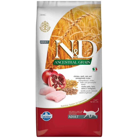 Pisică Adult - N&D Ancestral Grain, Hrană Uscată Pisică Adult, Pui și Rodie, 10kg